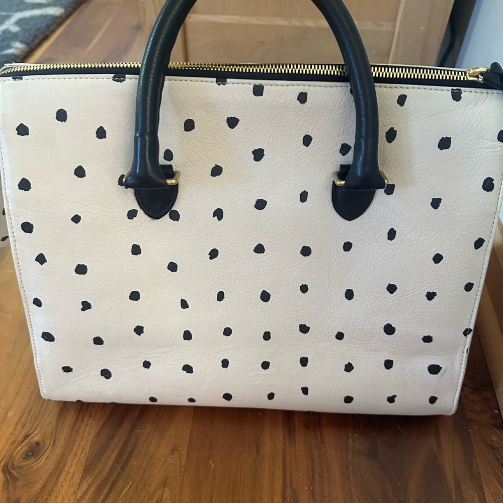 Clare V Sandrine Black and Cream Polka Dot leather Tote